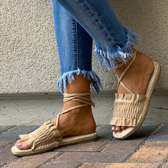 Cream Scrunch Vamp Lace Up Espadrille Sandals - Picture 2 of 8